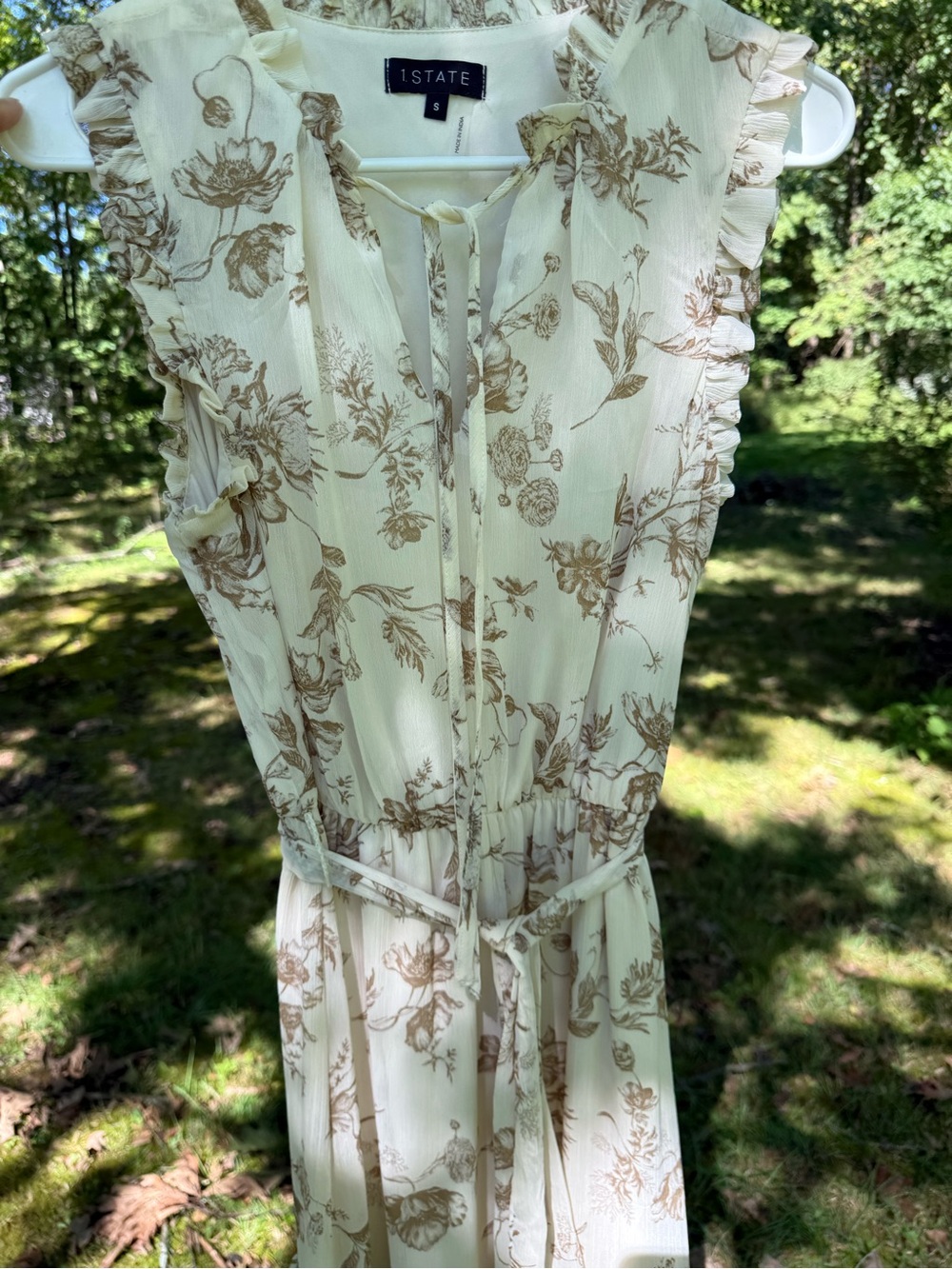 1.State Cream and Tan Floral Ruffle Midi Dress